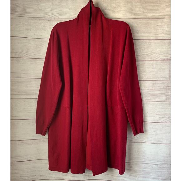 Pointelle Long Red Cardigan Sweater Open Front Folded Neckline Size Small - Picture 14 of 16
